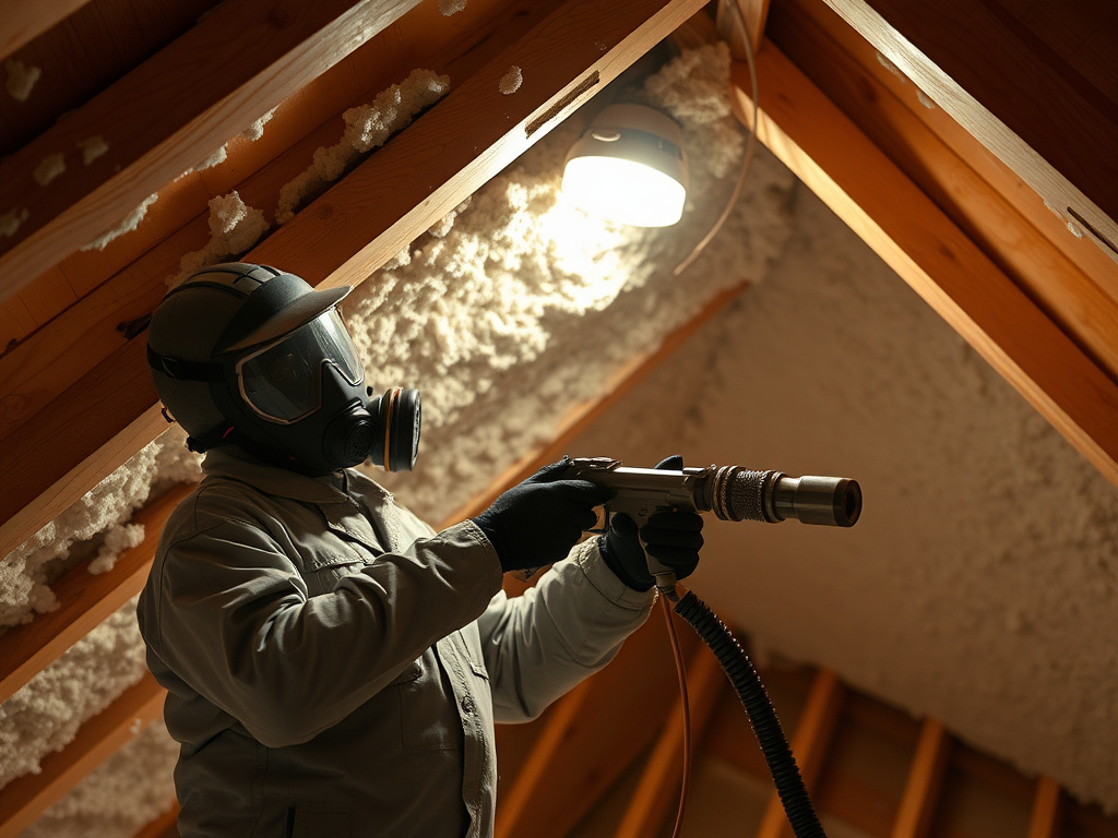Technician spraying foam insulation onto an attic roof deck
